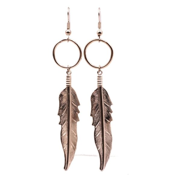 Feather Dangle Drop Earrings Silver Tone Native American Boho French Hook 3.5" - Picture 1 of 7